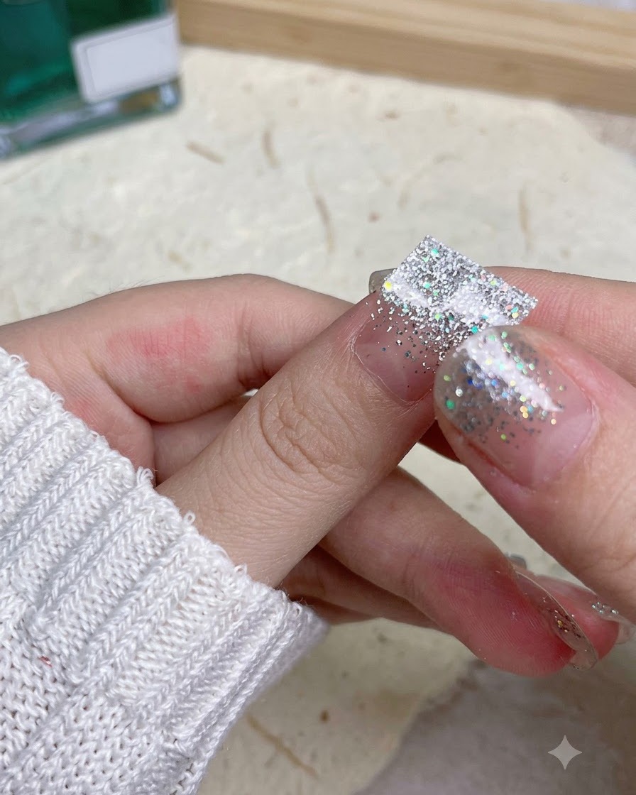 Un pouce appuyant fermement sur un wrap dongle pailleté argenté pour fixer ses bords.