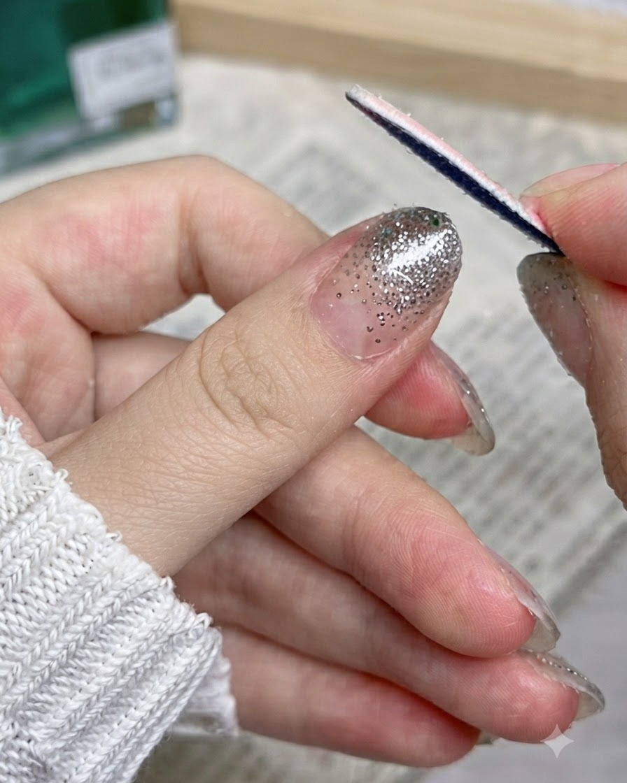 Gros plan dun seul ongle terminé présentant un design ombré pailleté argenté étincelant et des bords propres.