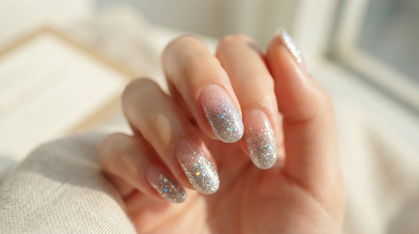 Faux ongles ombré pailletés argentés — Guide d'application étape par étape