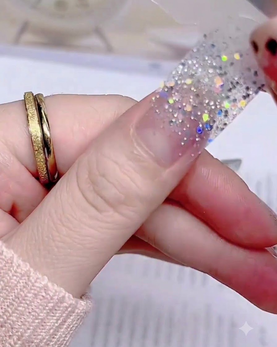 Un doigt pressant le centre dun sticker dongle à paillettes argentées à plat sur la plaque de longle naturel.