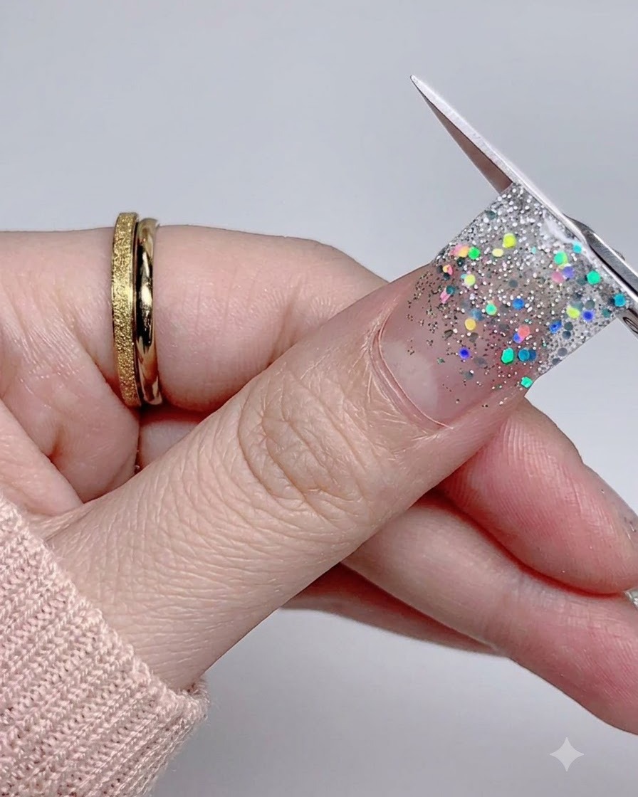 Un gros plan dun pouce appuyant et lissant le bord dun sticker dongle à paillettes argentées.