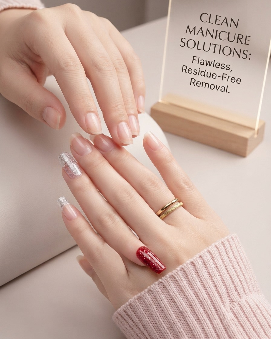 Un gros plan dun ongle de pouce avec un sticker en dégradé de paillettes plié et pincé fermement par-dessus le bord libre.