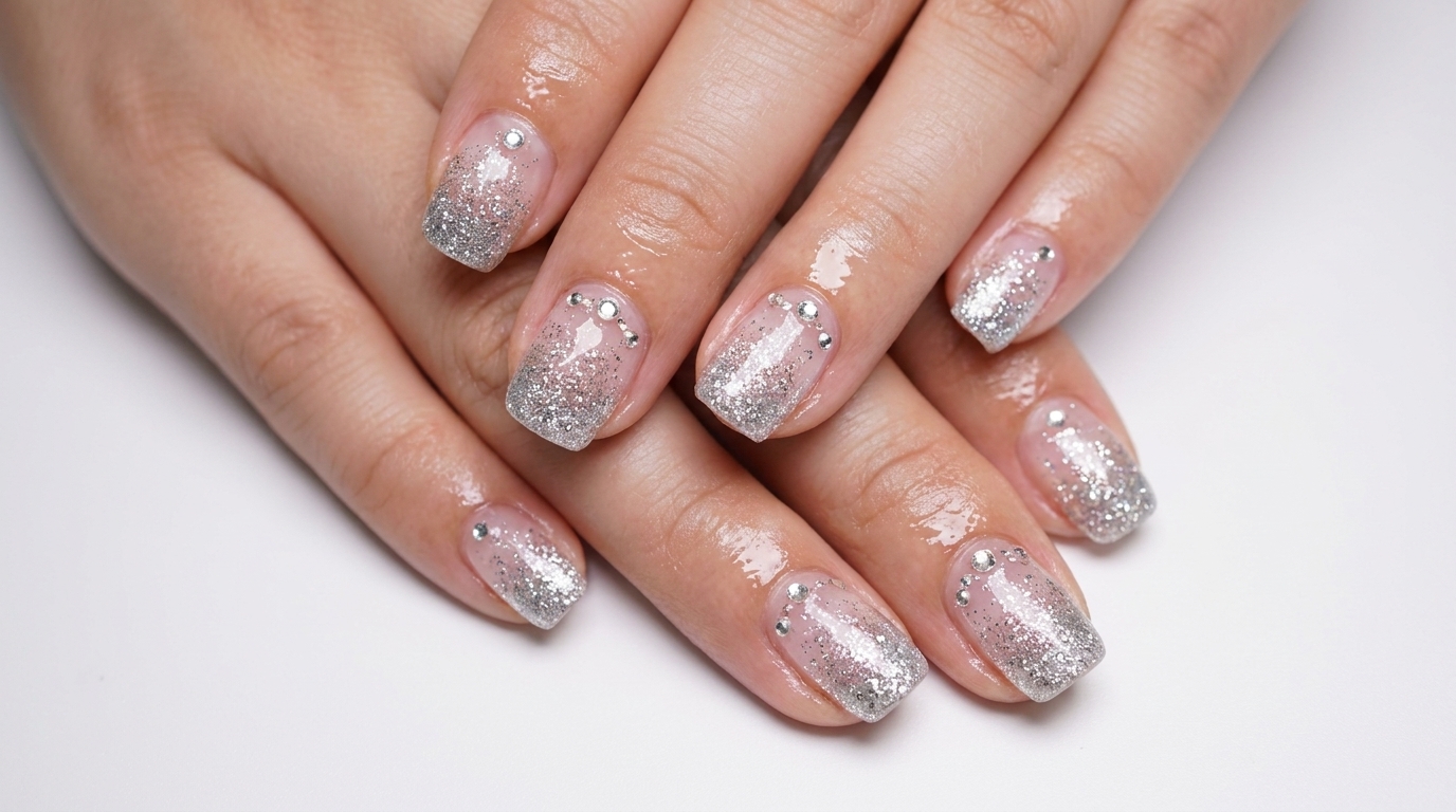 Nail Art Dégradé Pailleté Argenté et Cristaux — Tutoriel Étape par Étape
