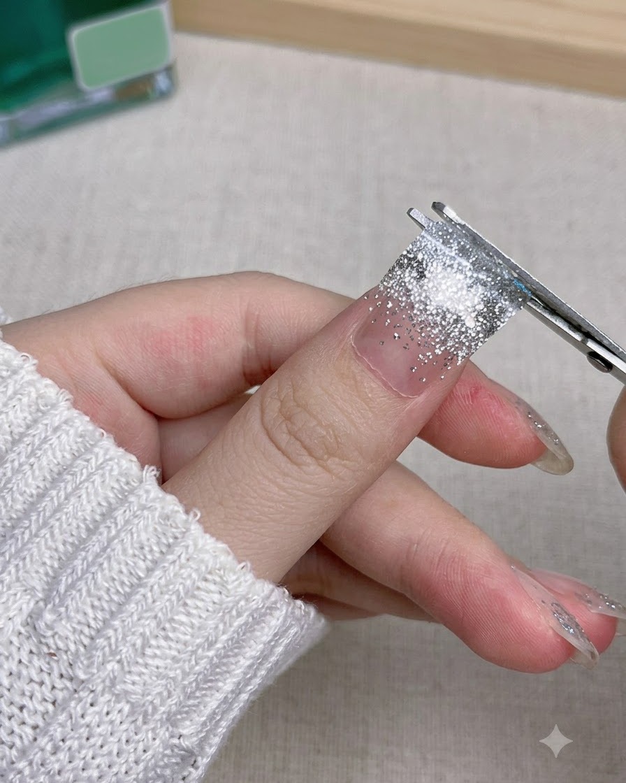 Vue rapprochée dun faux ongle en dégradé de paillettes argentées pressé sur longle naturel de lindex.