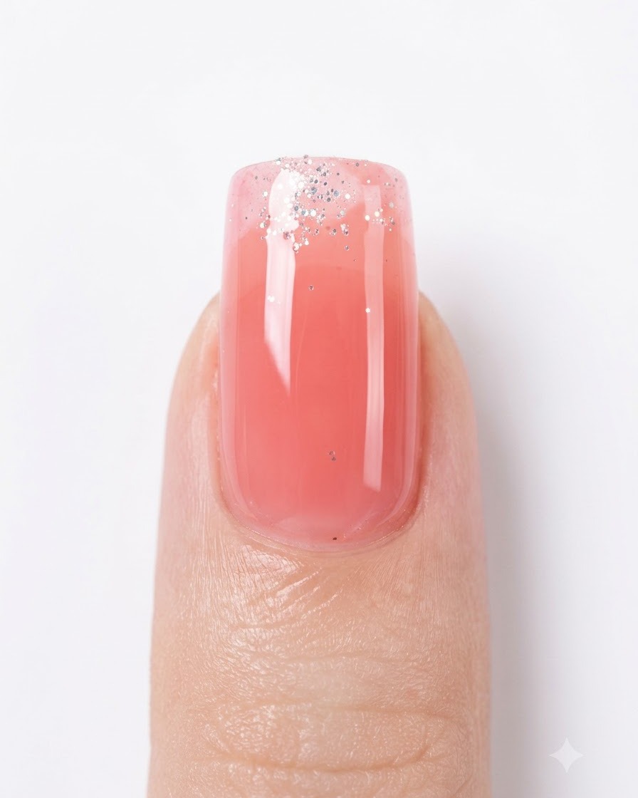 Un pinceau fin pour nail art trempant dans un contenant de gel pailleté argenté.