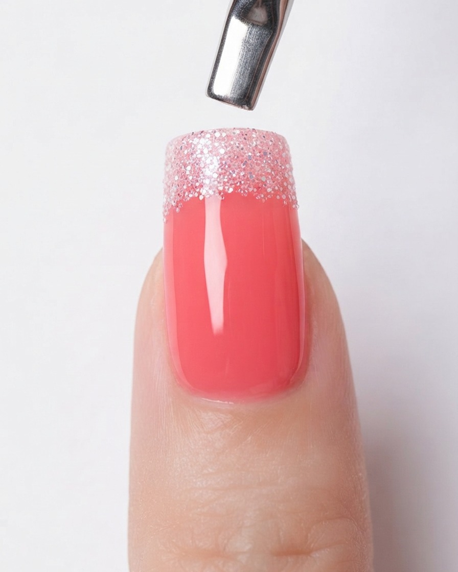 Gros plan affinant la zone de transition supérieure dun ongle en dégradé de paillettes argentées.