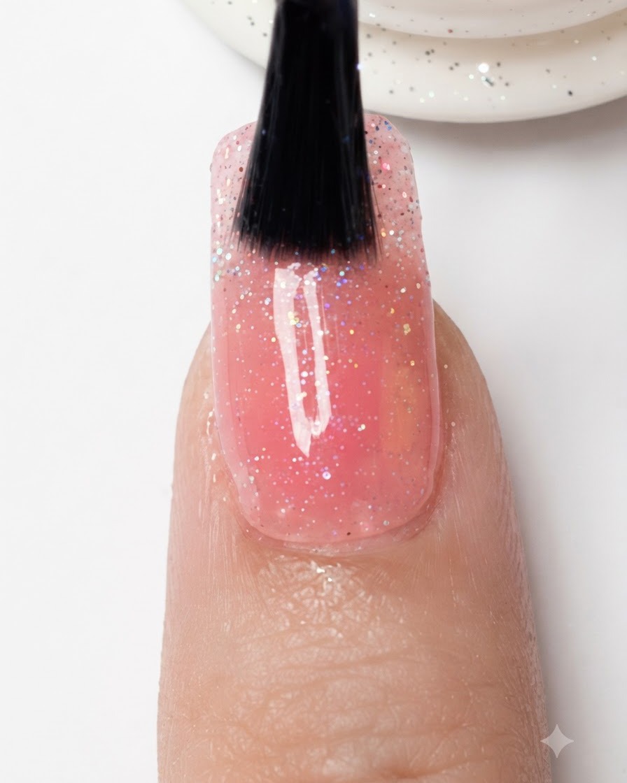 Un pinceau appliquant un top coat transparent sur toute la surface dun ongle en dégradé pailleté.