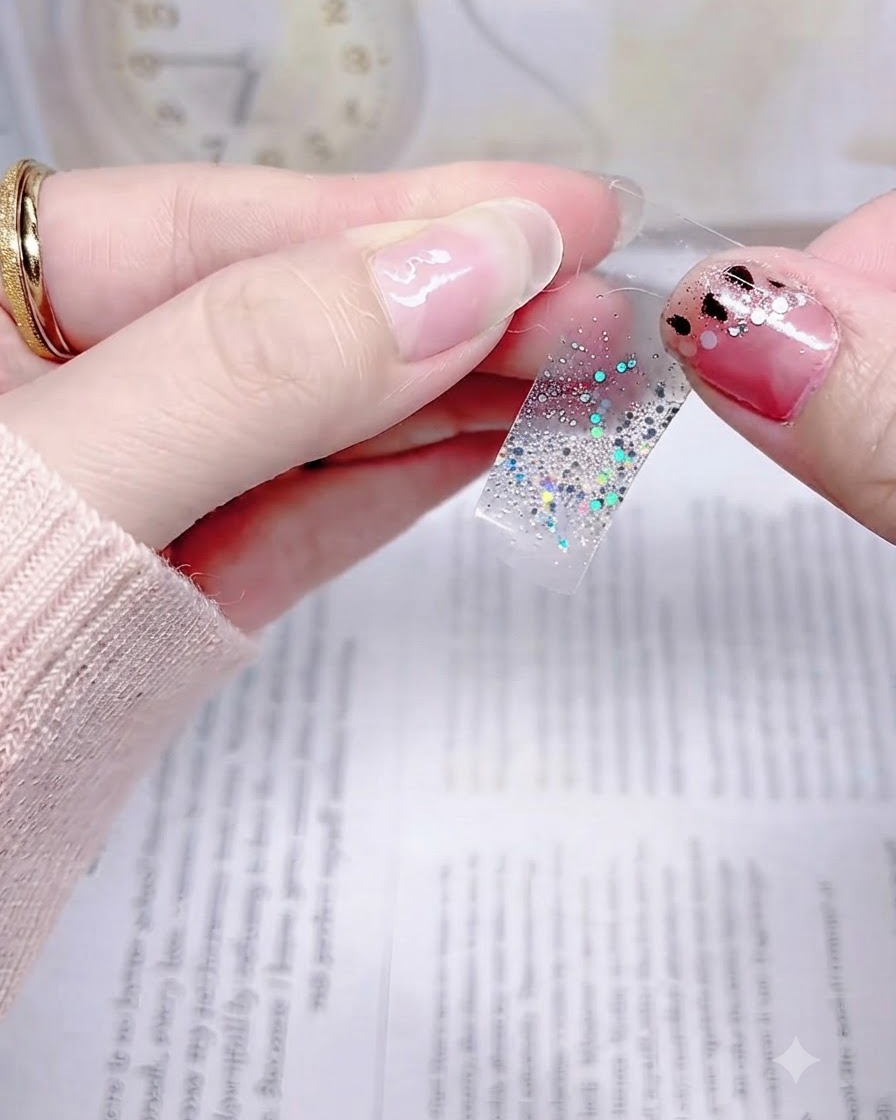 Une main tenant un sticker pailleté argenté positionné avec précision juste au-dessus de la cuticule dun ongle naturel.