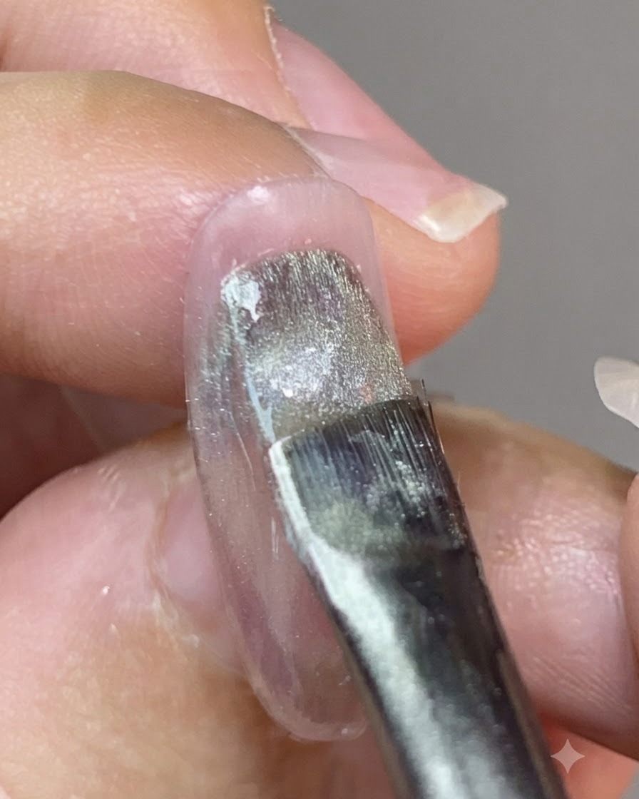 Un pinceau appliquant un vernis magnétique cat-eye scintillant sur la surface dun ongle.