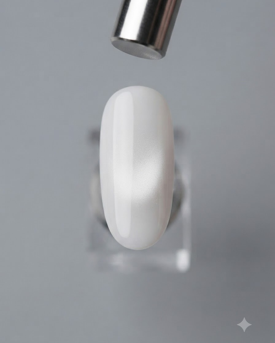 Un aimant droit se déplaçant sur un ongle pour concentrer les particules lumineuses en plein milieu.