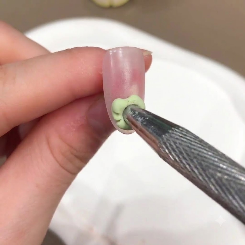 Un outil métallique plaçant une petite goutte de gel vert sur la surface de longle rose nude préparé.