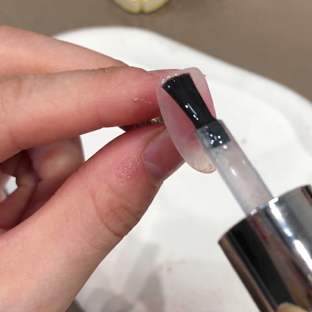 Un pinceau de vernis à ongles appliquant un top coat transparent sans résidu sur la surface dun ongle manucuré.