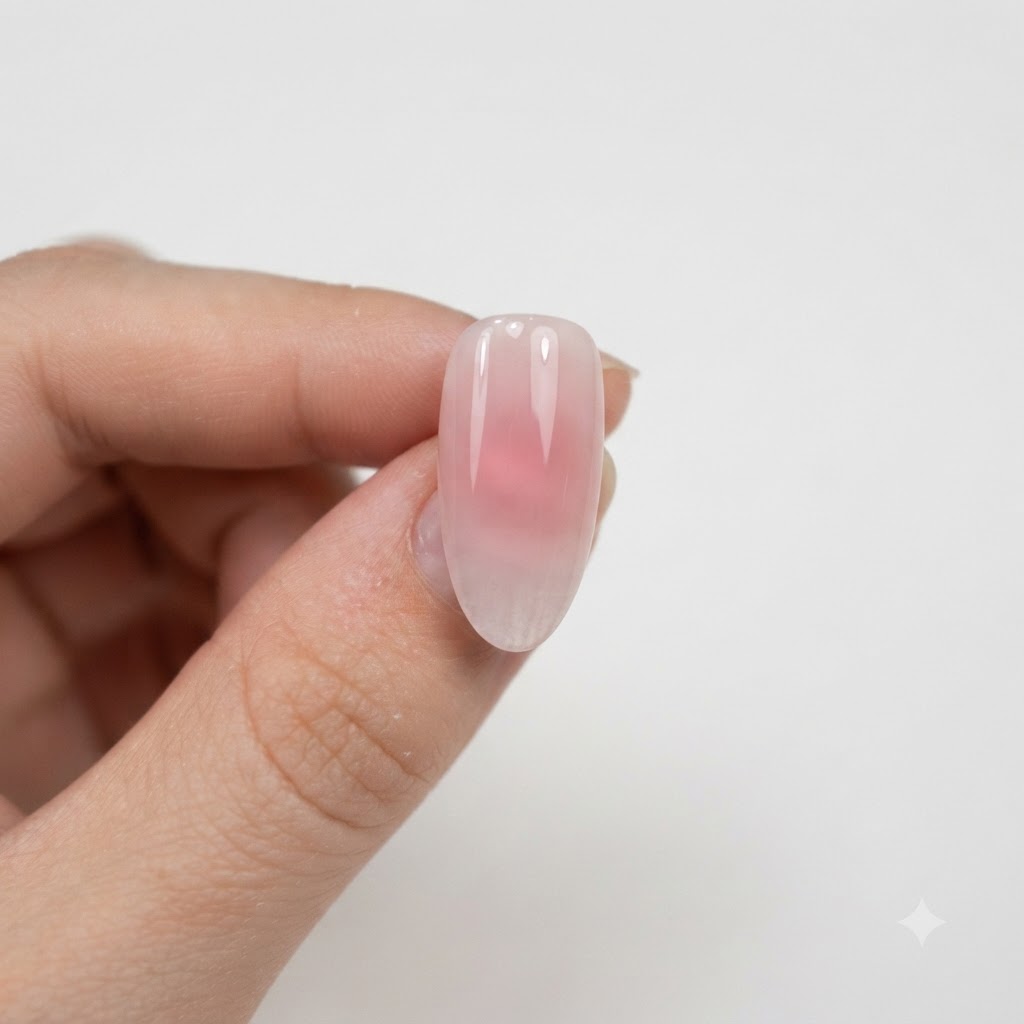 Vue rapprochée dun ongle rose nude présentant un effet dégradé rose subtil sous un top coat brillant.