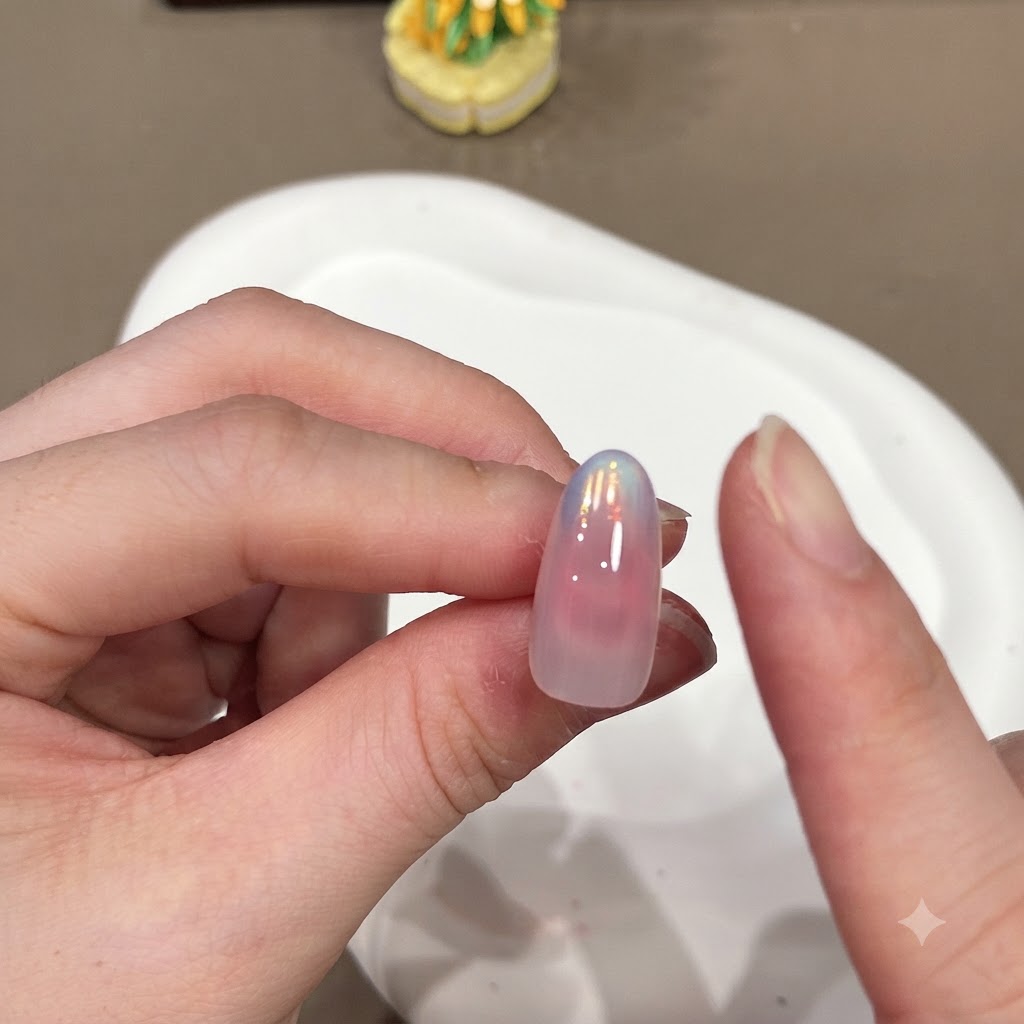 Un doigt essuyant lexcédent de poudre aurora sur les bords dun ongle dégradé brillant.