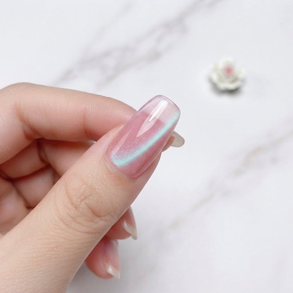 Vue rapprochée dun doigt manucuré avec un gel cat eye effet verre transparent appliqué sur la base.