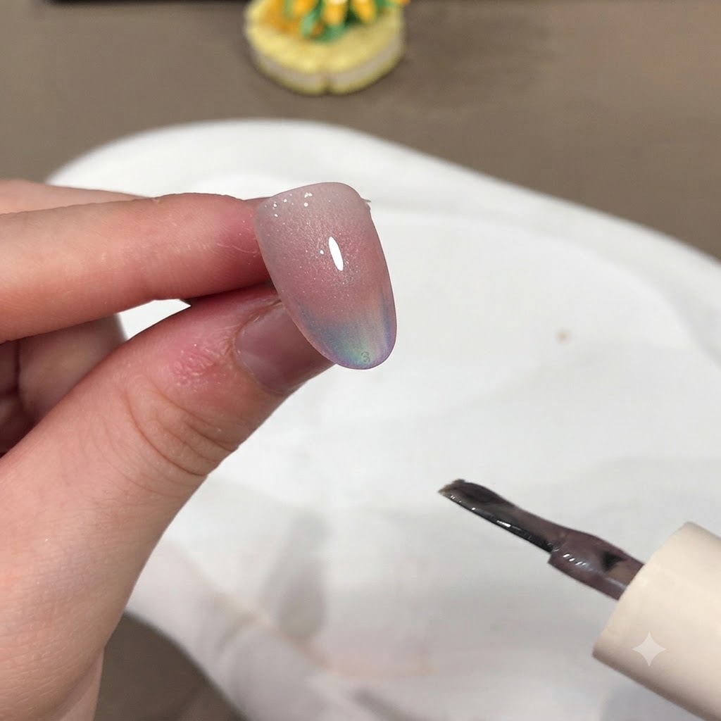 Un pinceau et un aimant près dun ongle manucuré pour façonner leffet de lumière cat eye.