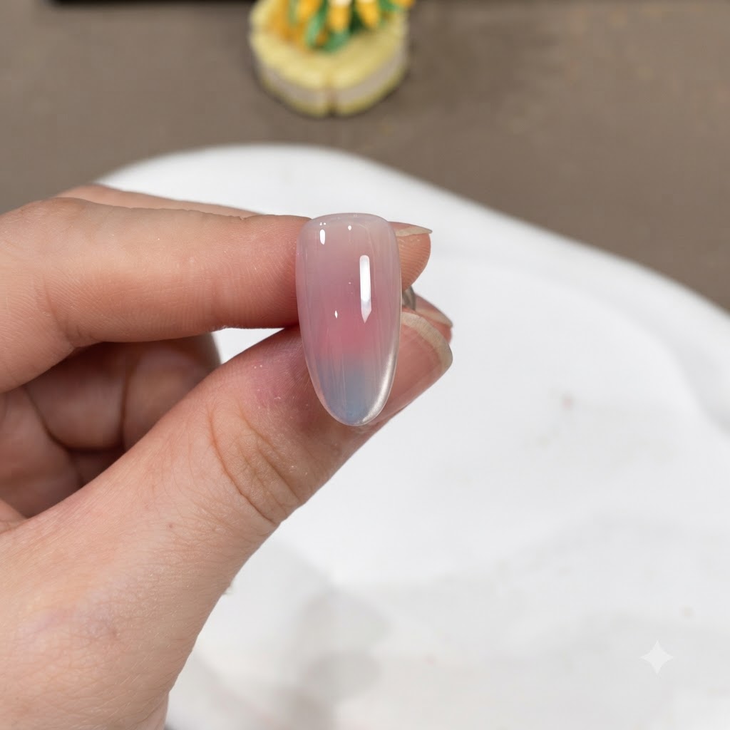 Un ongle manucuré fini montrant une couche de top coat brillant prête pour la catalyse finale.