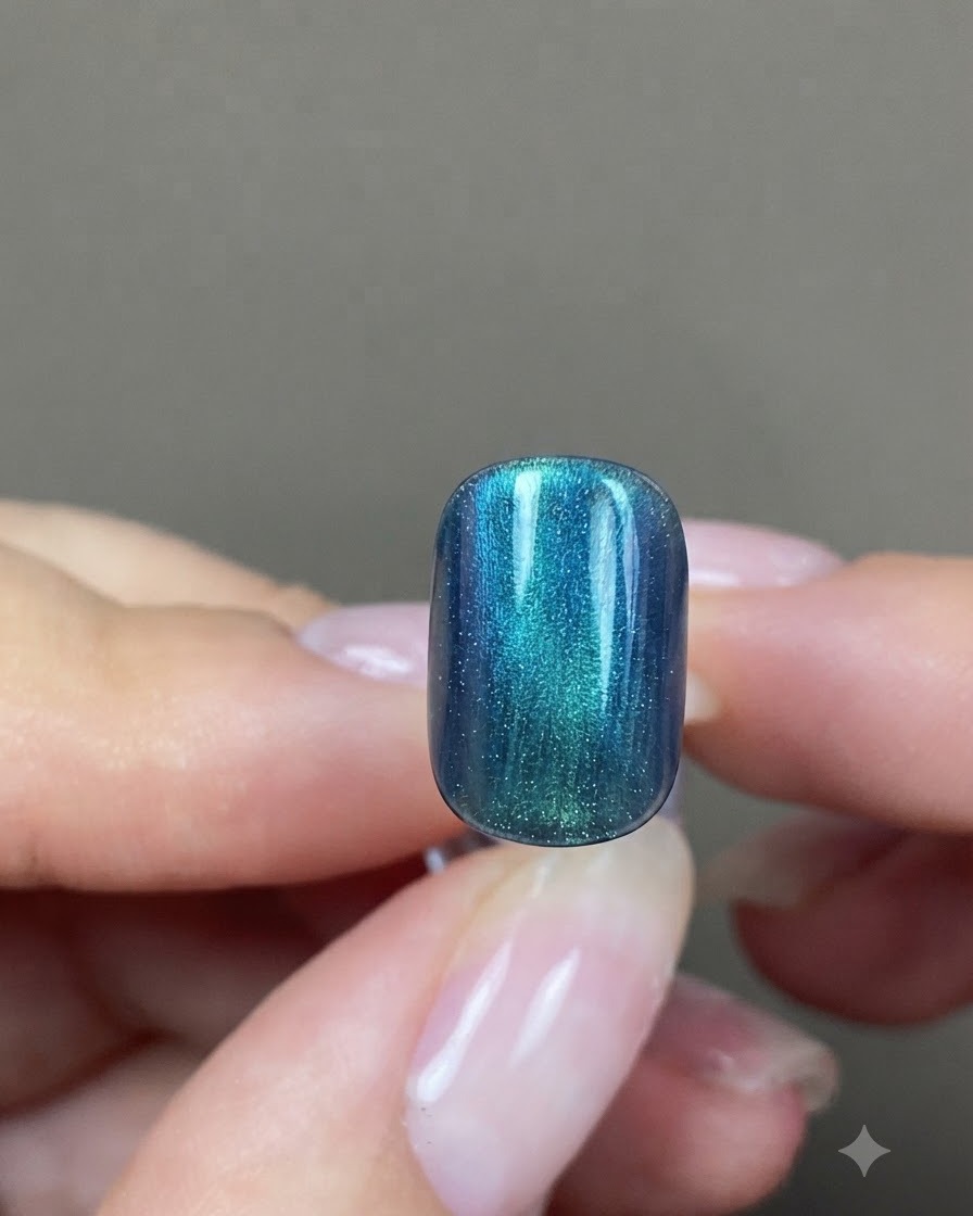 Un ongle artificiel sur un support montrant une surface brillante bleu-vert lisse et auto-nivelée.