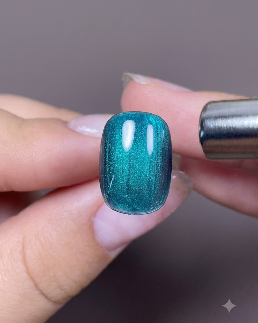 Un outil magnétique tenu près du côté dun ongle cat eye bleu-vert pour former un effet de lumière latérale.