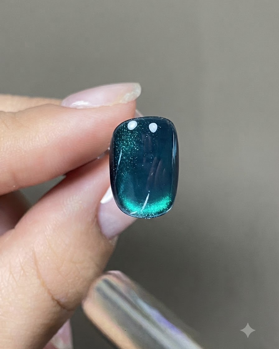 Un aimant cylindrique encerclant un ongle teal foncé pour façonner un reflet cat eye sphérique.