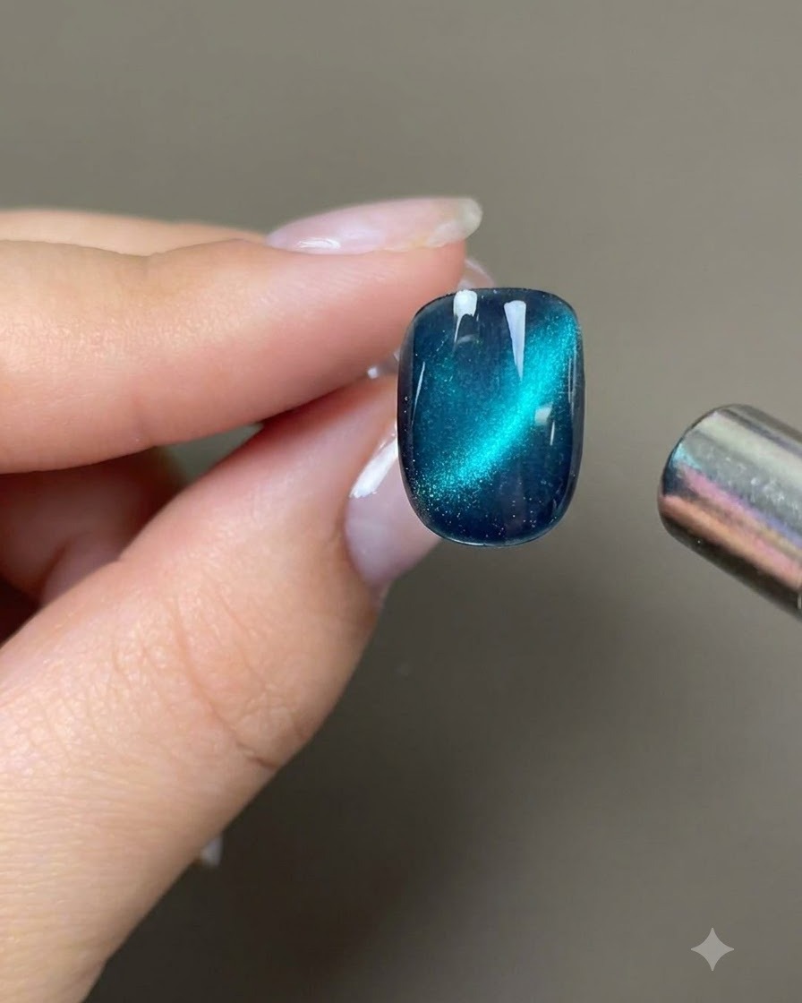 Un aimant cylindrique tenu près de la partie supérieure dun ongle cat eye bleu-vert pour créer un cercle lumineux concentré.