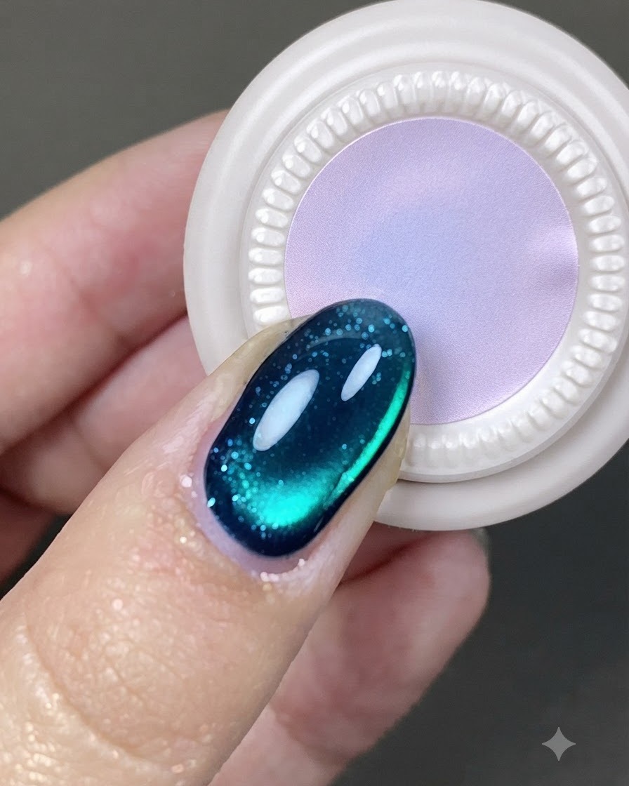 Un aimant carré balayant vers le haut un ongle en gel cat eye pour créer un effet de dégradé.