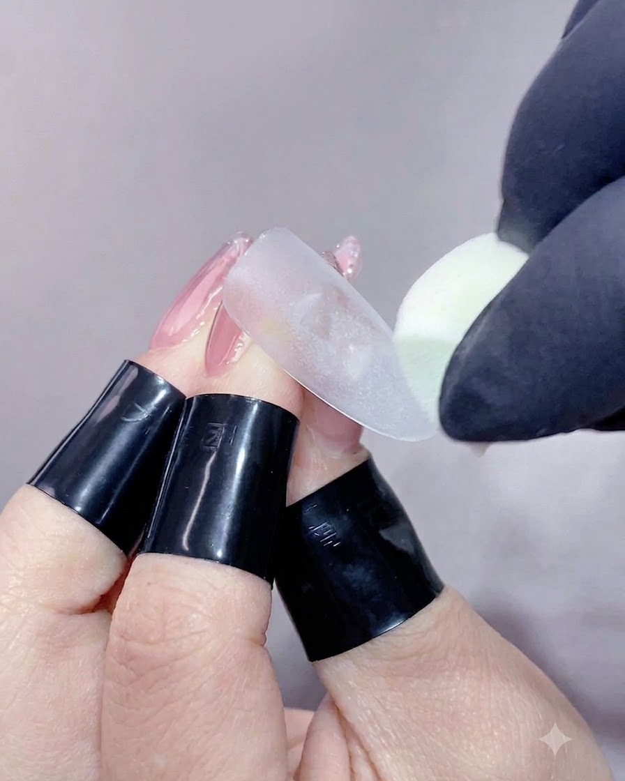 Une éponge ou un pinceau propre estompant du gel blanc vers le haut sur le bout dun ongle.