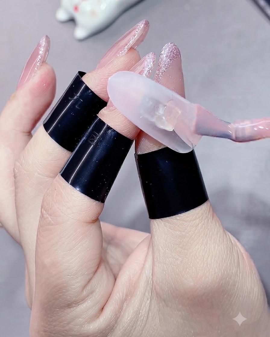 Un pinceau à ongles appliquant un vernis gel rose nude doux à la base de longle.