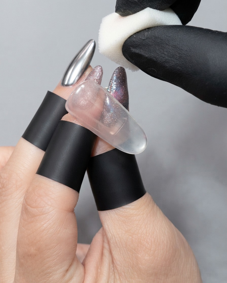 Une éponge cosmétique blanche et douce essuyant les particules de poussière libres dun ongle chromé terminé.