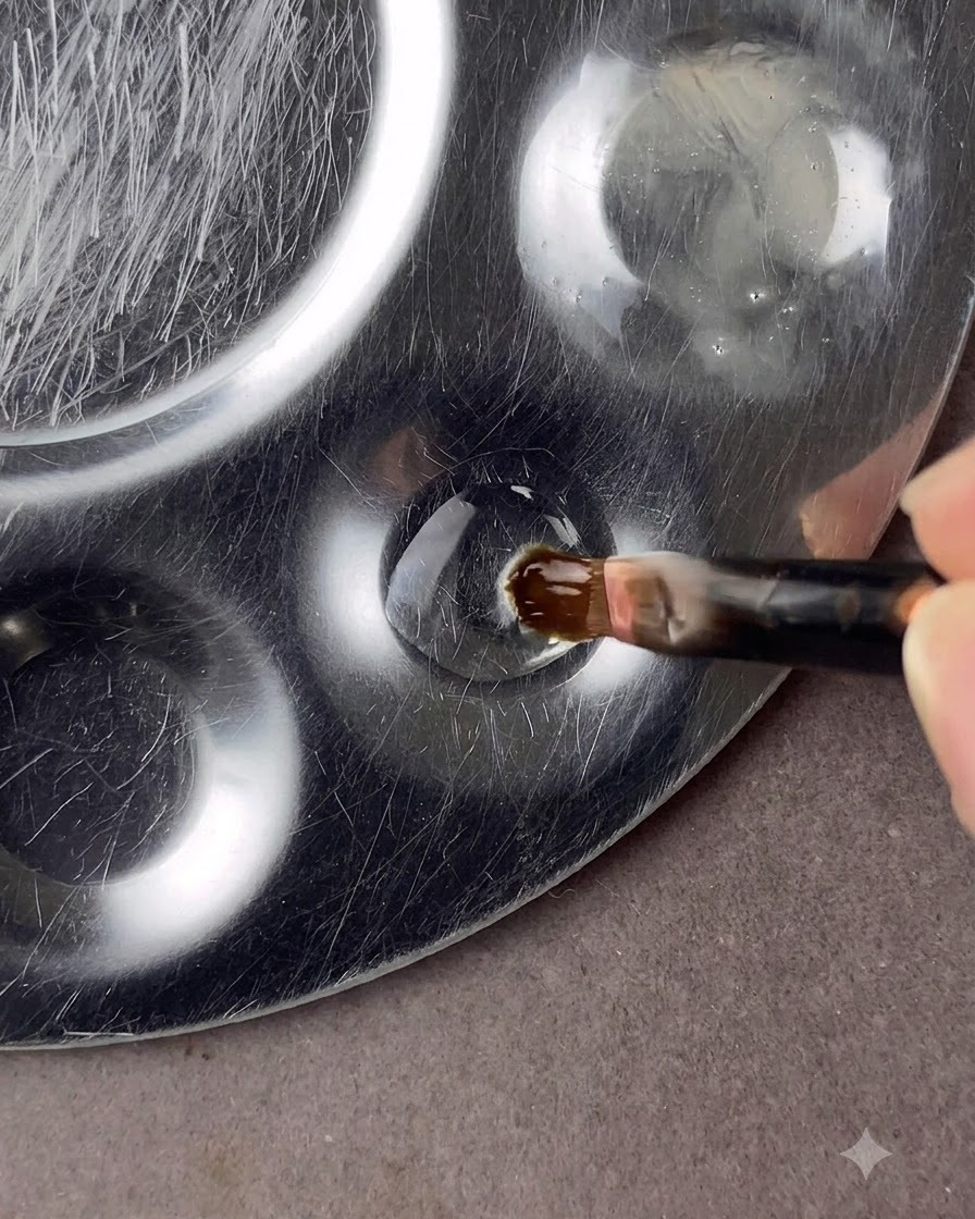 Un pinceau rond de nail art trempant dans une goutte de gel de base clair sur une palette métallique.