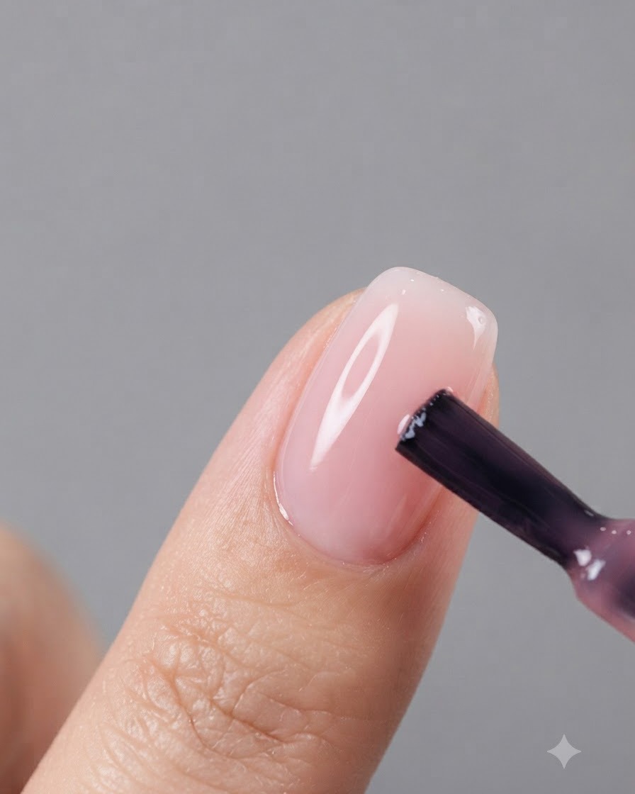 Un pinceau appliquant un petit point de gel rose au centre dun ongle.