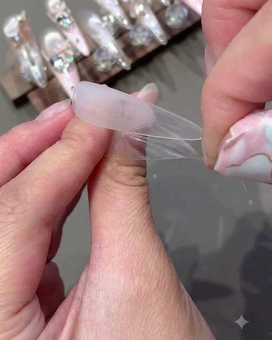 Des doigts retirant délicatement un autocollant guide incurvé dune capsule transparente.