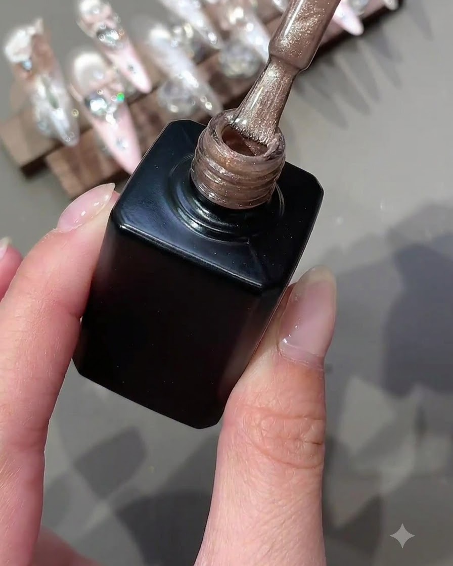 Un pinceau de vernis contenant du gel œil de chat scintillant au-dessus dun flacon noir ouvert.