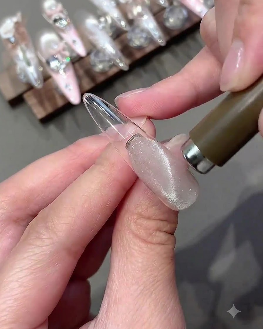 Une main tenant une baguette magnétique survolant un ongle recouvert de gel œil de chat scintillant.