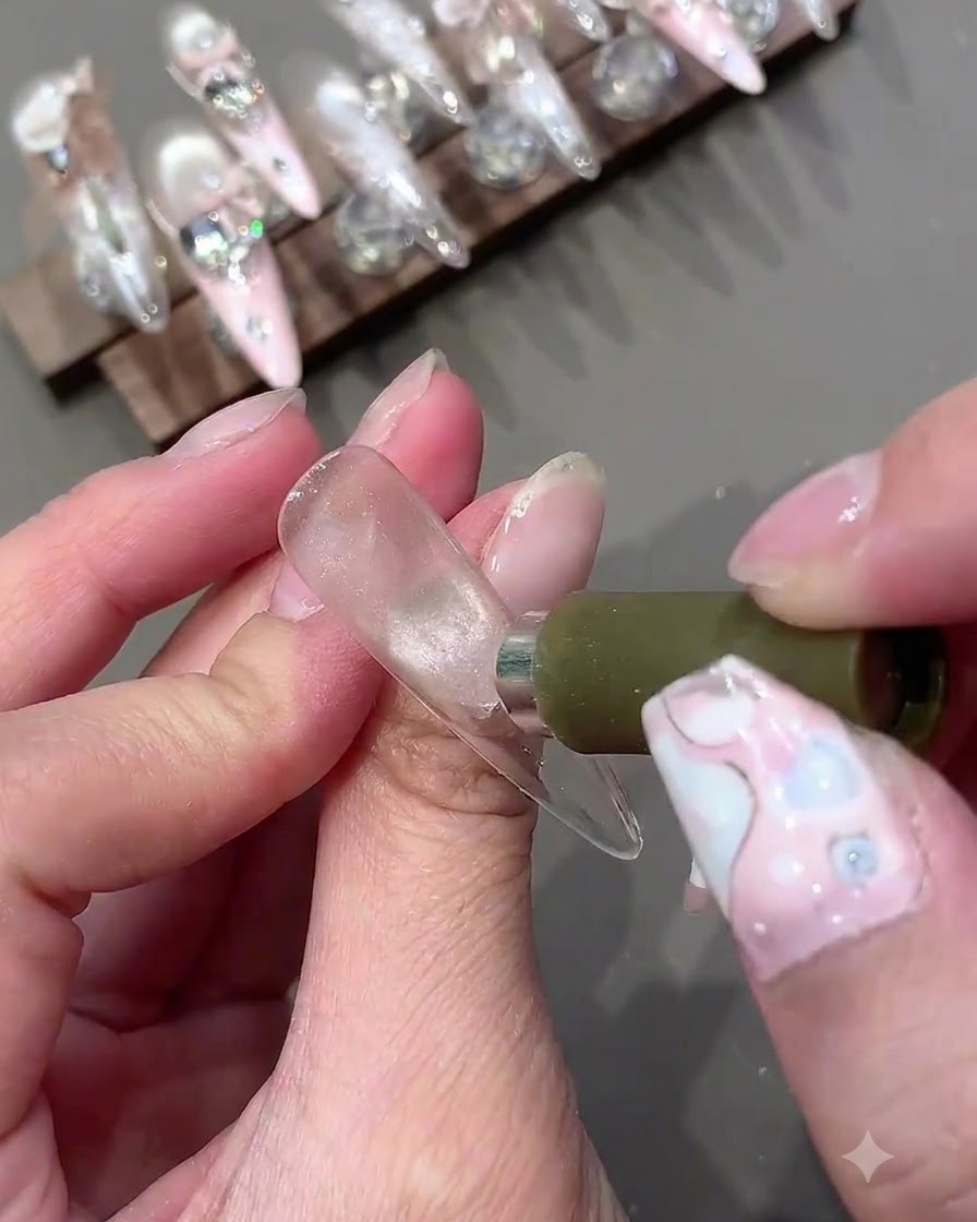 Gros plan dun aimant façonnant un reflet œil de chat en forme de projecteur sur un ongle en gel translucide.