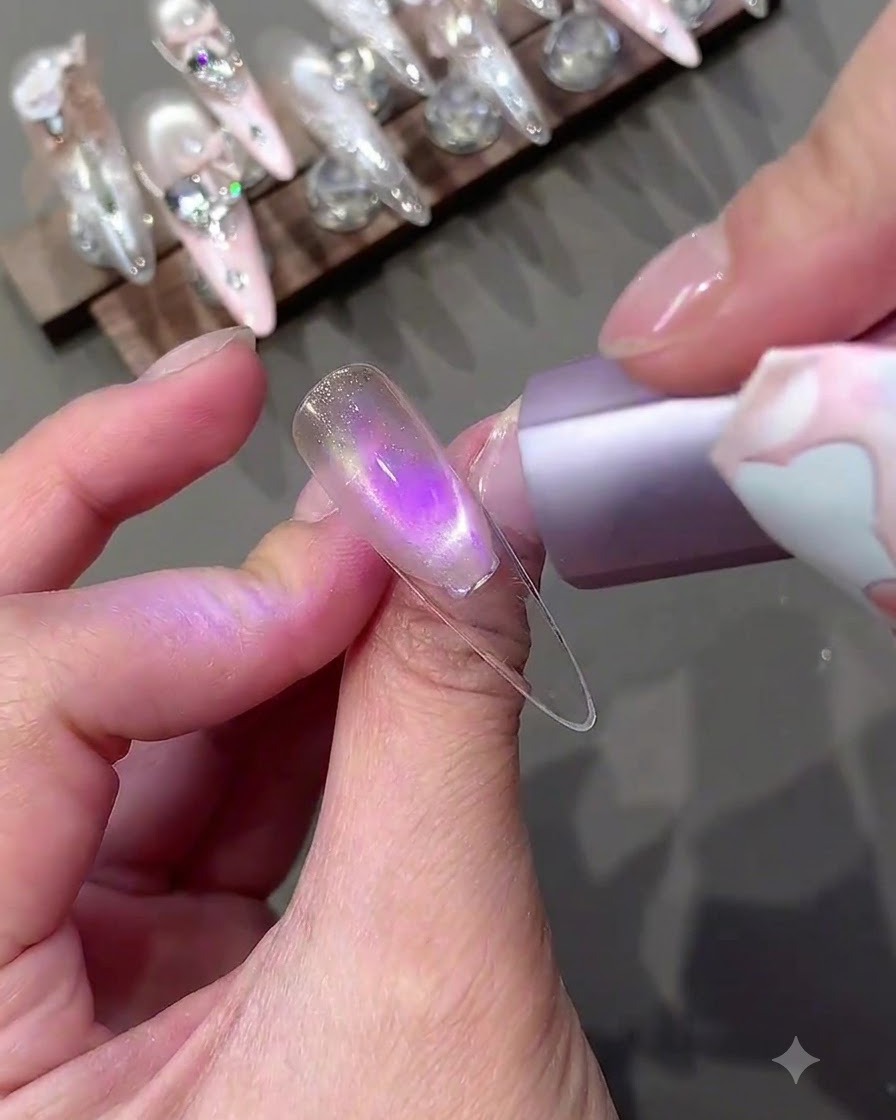 Un ongle illuminé par une lampe UV violette pendant le processus de catalysation du gel.