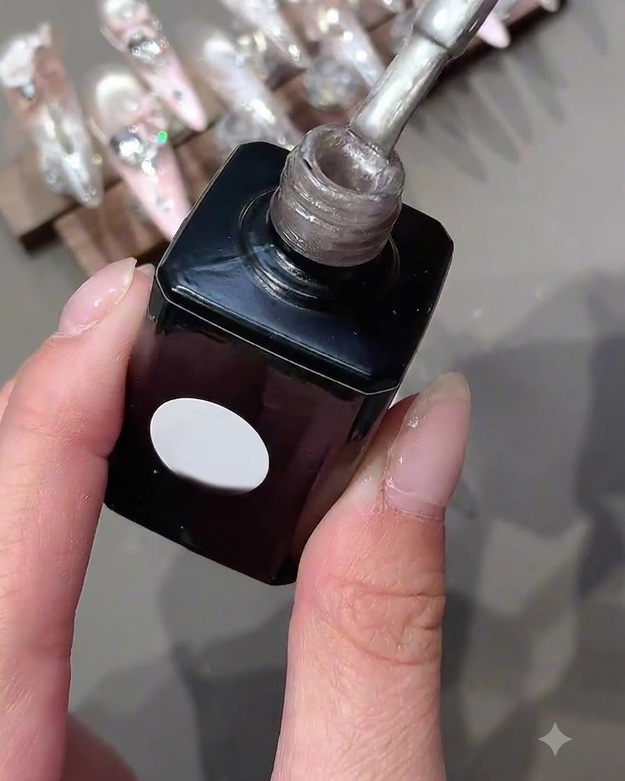 Un flacon de vernis gel tenu à la verticale montrant le pinceau applicateur rempli de gel scintillant.