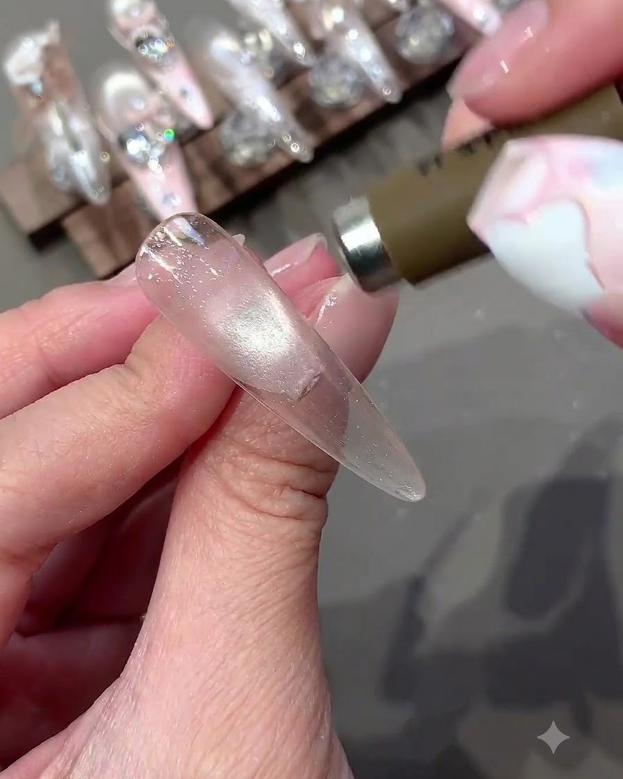 Un outil magnétique positionné près du bout dun ongle pour concentrer les particules pailletées.