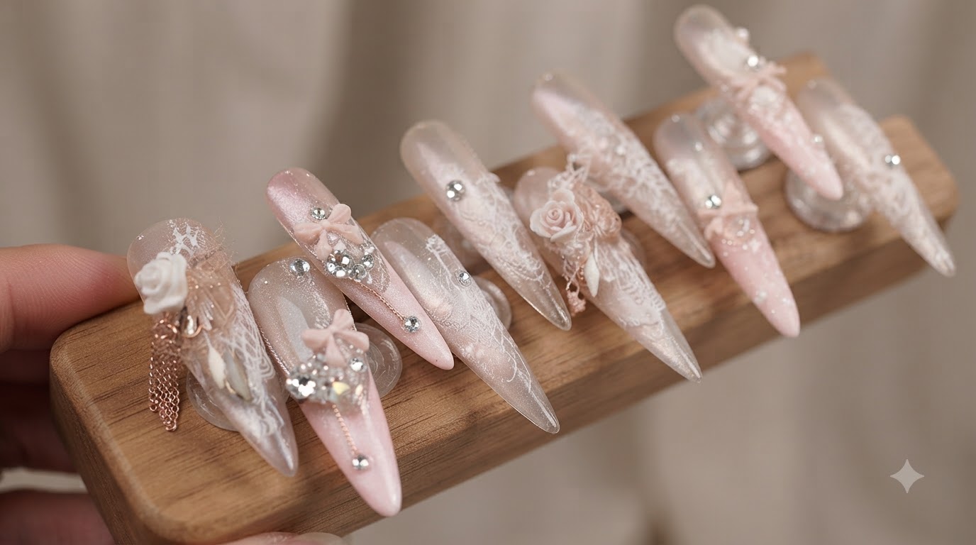 Faux Ongles Princesse Rose Élégant — Tutoriel Œil de Chat et Dentelle Étape par Étape