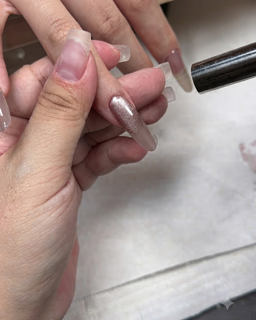 Un bâtonnet aimanté planant au-dessus dun ongle scintillant effet œil de chat pour faire ressortir leffet lumineux.