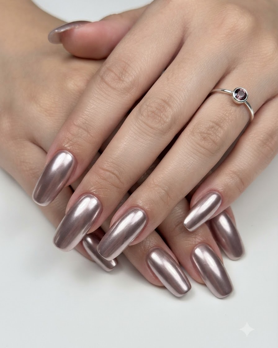 Les deux mains montrant des ongles manucurés au fini chrome métallique brillant avec une bague à un doigt.