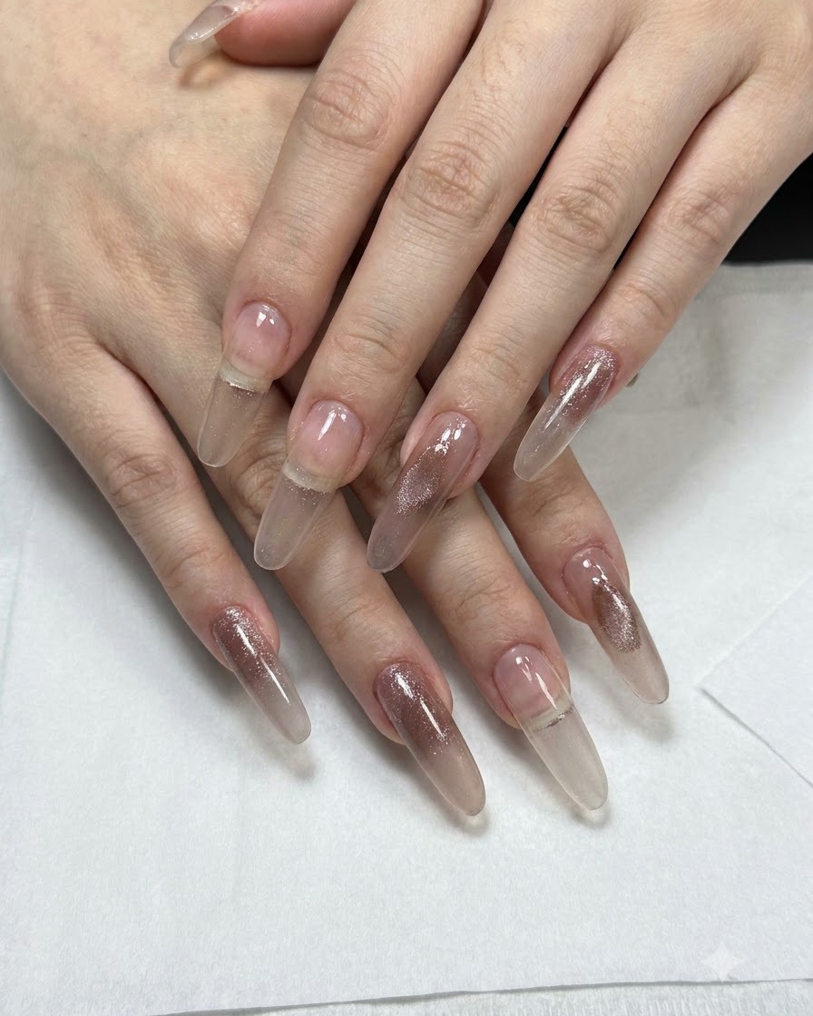 Les deux mains montrant des ongles longs dégradés, du transparent au rose, préparés et partiellement stylisés.