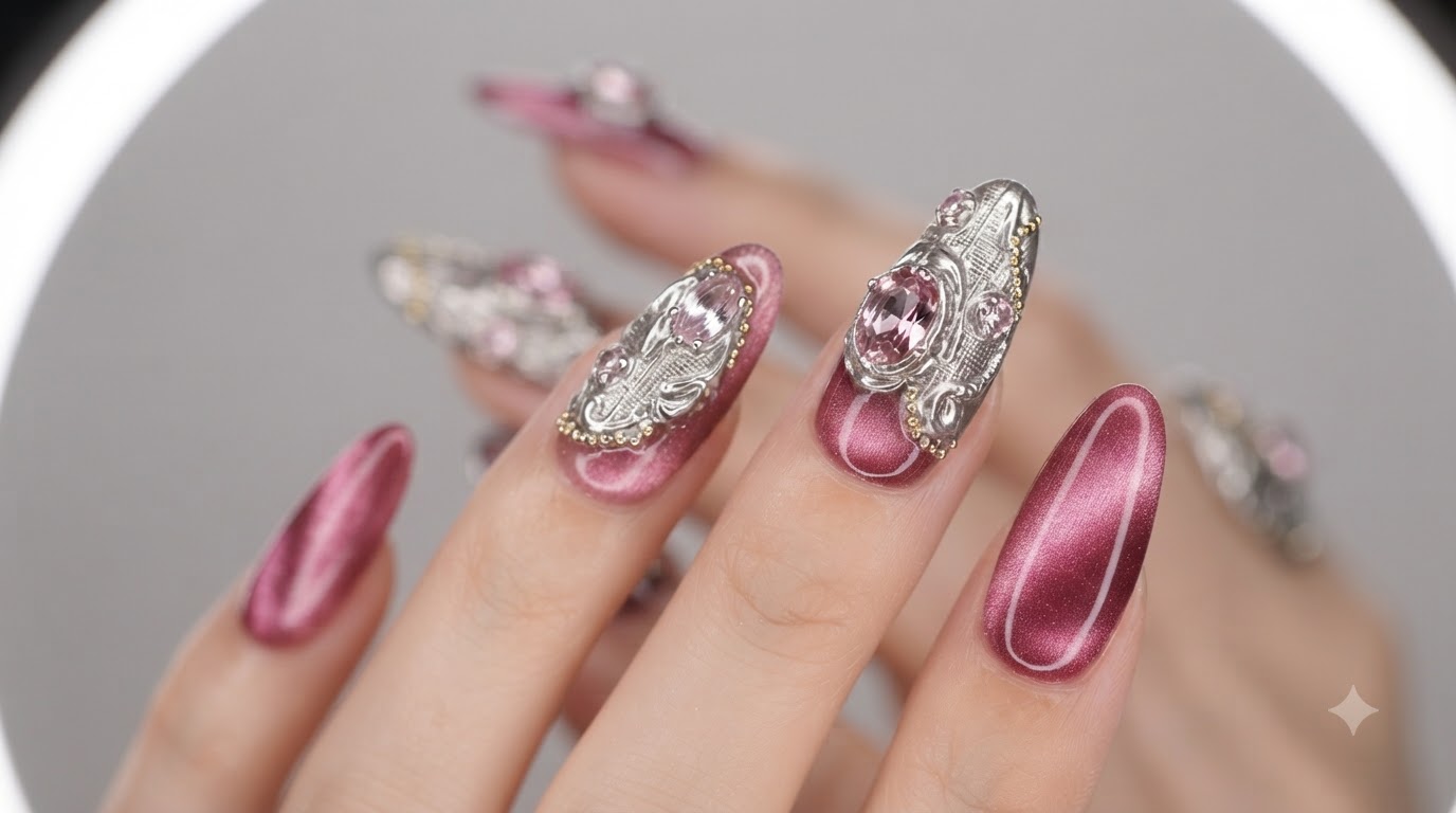 Tutoriel d'ongles texturés effet œil de chat rose et style Buccellati métallique