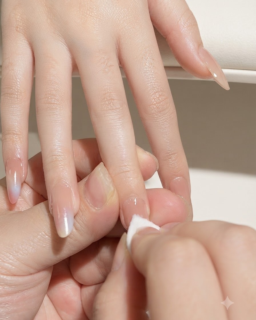 Une lingette non pelucheuse tenue par une main nettoyant la surface dun ongle naturel dauriculaire.