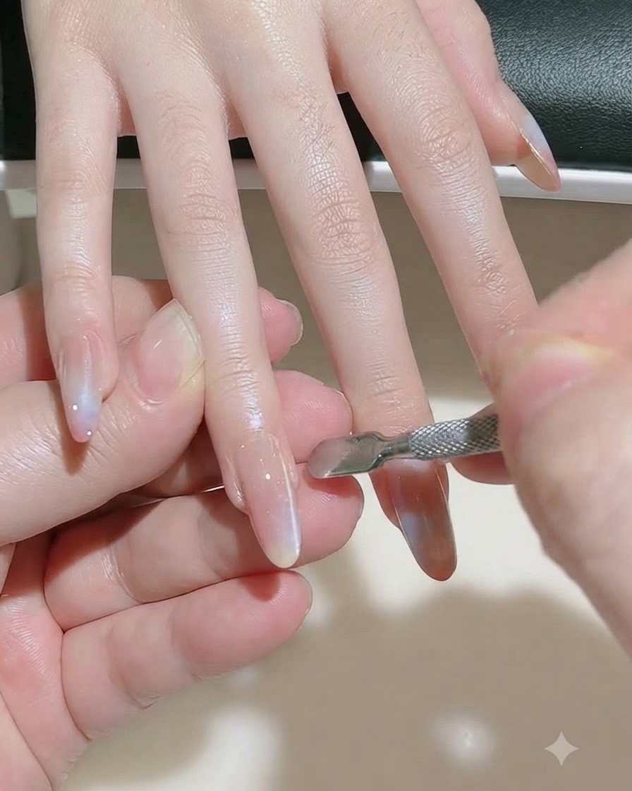 Un outil aimanté maintenu près dun ongle peint en gel brillant pour former une ligne de nacre magnétique.