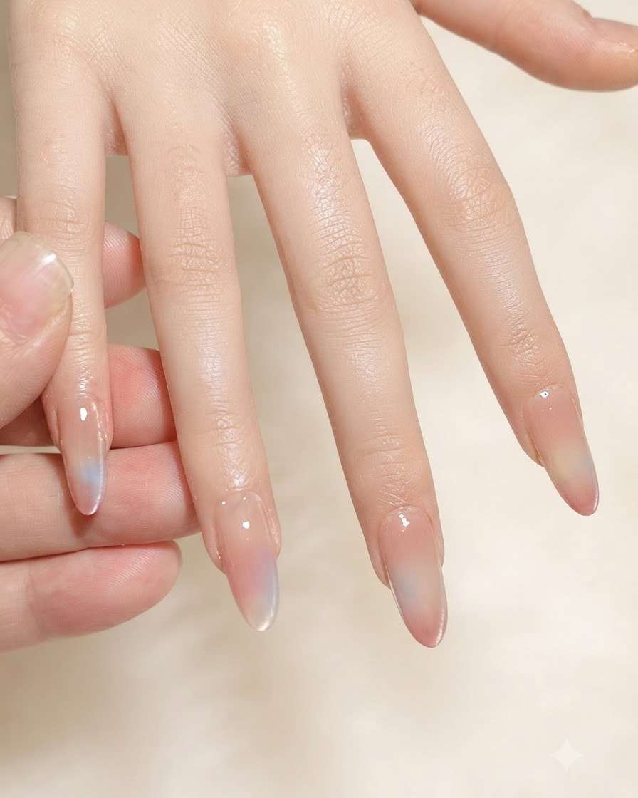 Un pinceau appliquant une couche de top coat brillant sur un ongle au dégradé magnétique.