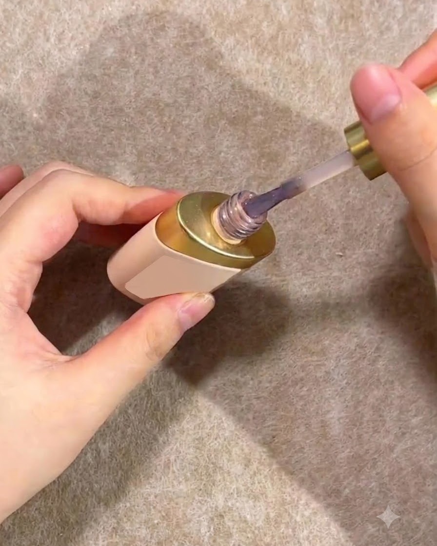 Un pinceau appliquant du vernis gel nude sur la moitié inférieure dune capsule dongle dentraînement transparente.