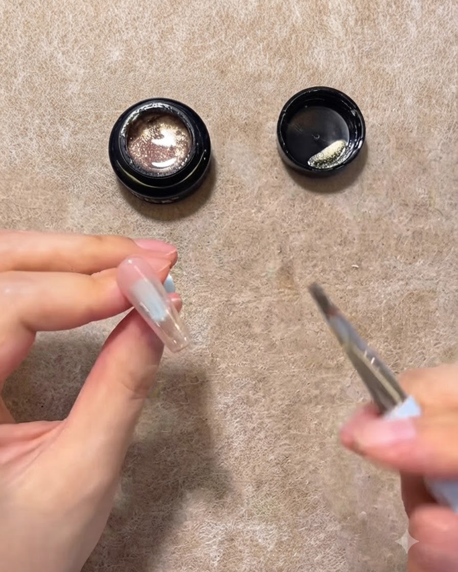 Un pinceau fin appliquant du gel cat eye rose or sur la moitié supérieure dune capsule dongle transparente.