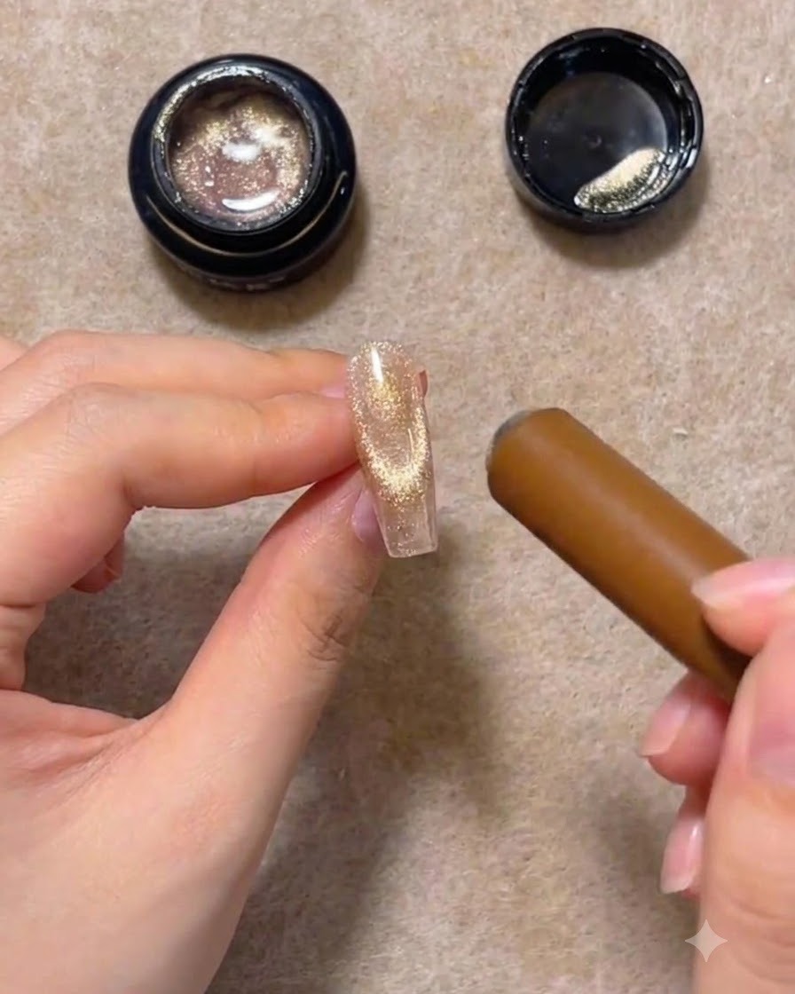 Un aimant cylindrique planant au-dessus dune pointe dongle pour activer les particules scintillantes cat eye.