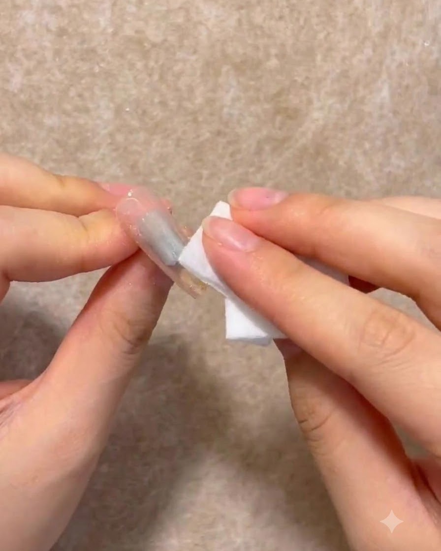 Une lingette non pelucheuse nettoyant le résidu collant de la surface dun ongle en gel catalysé.